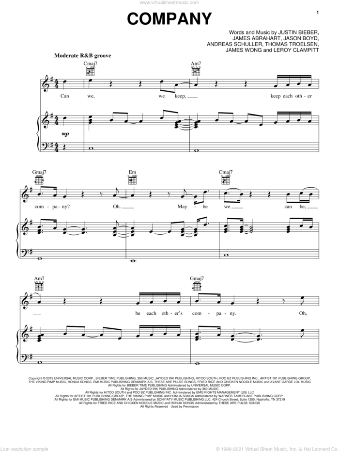 Company sheet music for voice, piano or guitar by Justin Bieber, Andreas Schuller, James Abrahart, James Wong, Jason Boyd, Leroy Clampitt and Thomas Troelsen, intermediate skill level