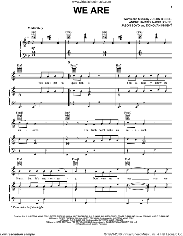 We Are sheet music for voice, piano or guitar by Justin Bieber, Andre Harris, Donovan Knight, Jason Boyd and Nasir Jones, intermediate skill level