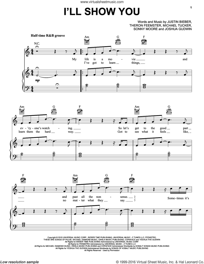 I'll Show You sheet music for voice, piano or guitar by Justin Bieber, Joshua Gudwin, Michael Tucker, Sonny Moore and Theron Feemster, intermediate skill level