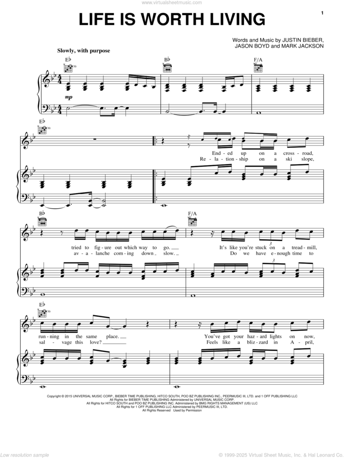 Life Is Worth Living sheet music for voice, piano or guitar by Justin Bieber, Jason Boyd and Mark Jackson, intermediate skill level