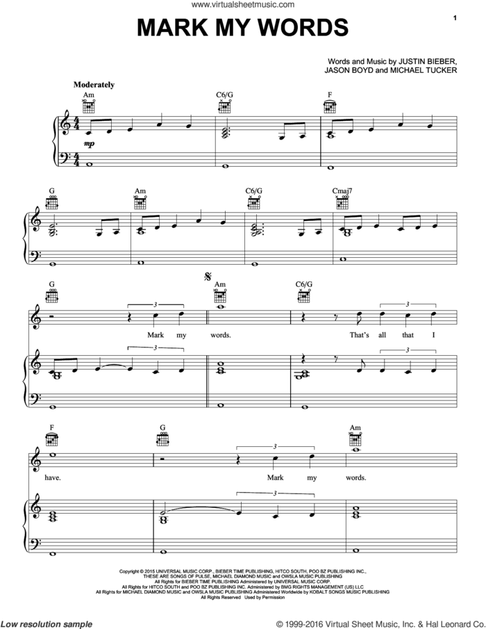 Mark My Words sheet music for voice, piano or guitar by Justin Bieber, Jason Boyd and Michael Tucker, intermediate skill level
