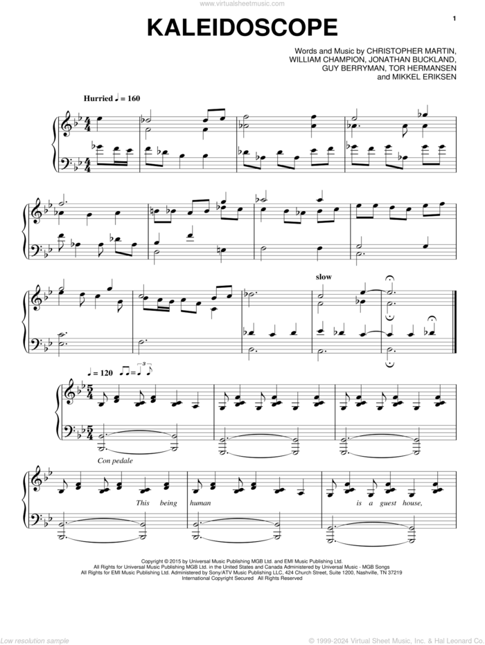 Kaleidoscope sheet music for piano solo by Guy Berryman, Coldplay, Christopher Martin, Jonathan Buckland, Mikkel Eriksen, Tor Erik Hermansen and William Champion, intermediate skill level