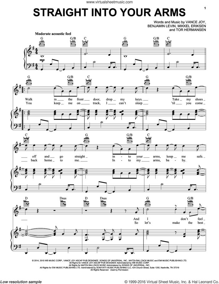 Straight Into Your Arms sheet music for voice, piano or guitar by Vance Joy, Benjamin Levin, Mikkel Eriksen and Tor Erik Hermansen, intermediate skill level