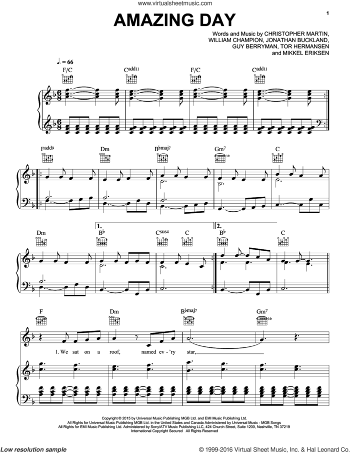 Amazing Day sheet music for voice, piano or guitar by Guy Berryman, Coldplay, Christopher Martin, Jonathan Buckland, Mikkel Eriksen, Tor Erik Hermansen and William Champion, intermediate skill level