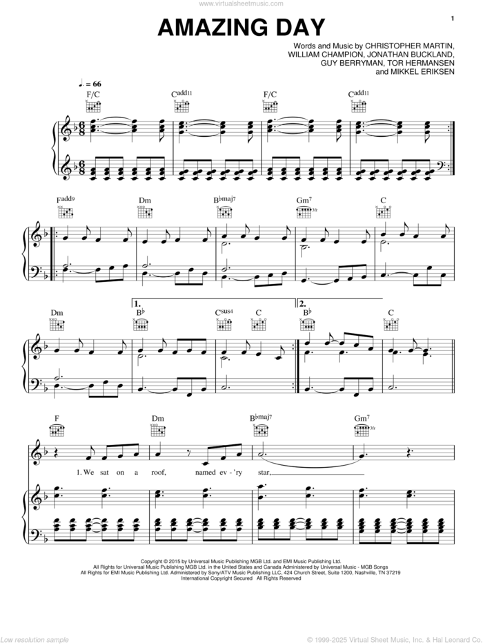 Amazing Day sheet music for voice, piano or guitar by Guy Berryman, Coldplay, Christopher Martin, Jonathan Buckland, Mikkel Eriksen, Tor Erik Hermansen and William Champion, intermediate skill level