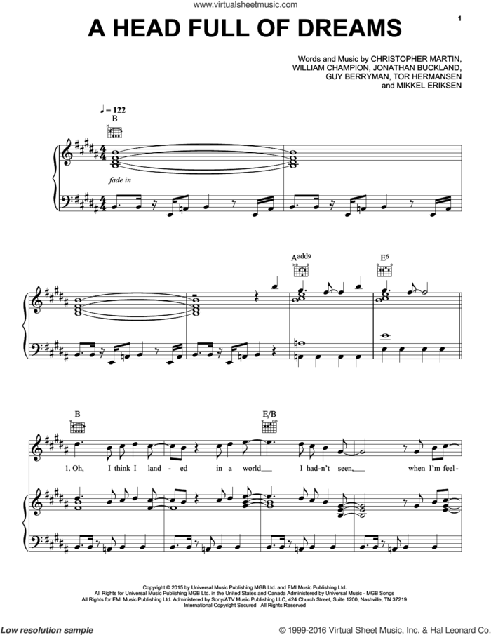 A Head Full Of Dreams sheet music for voice, piano or guitar by Guy Berryman, Coldplay, Christopher Martin, Jonathan Buckland, Mikkel Eriksen, Tor Erik Hermansen and William Champion, intermediate skill level