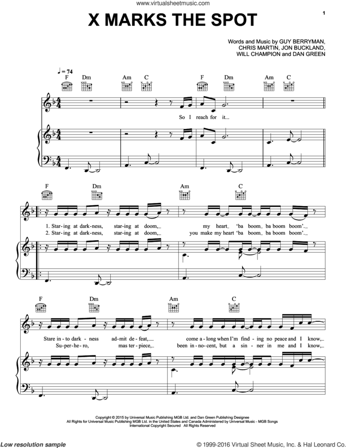 X Marks The Spot sheet music for voice, piano or guitar by Guy Berryman, Coldplay, Chris Martin, Dan Green, Jon Buckland and Will Champion, intermediate skill level