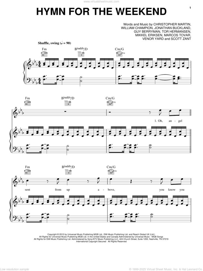 Hymn For The Weekend sheet music for voice, piano or guitar by Guy Berryman, Coldplay, Christopher Martin, Jonathan Buckland, Marcos Tovar, Mikkel Eriksen, Scott Zant, Tor Erik Hermansen, Venar Yard and William Champion, intermediate skill level