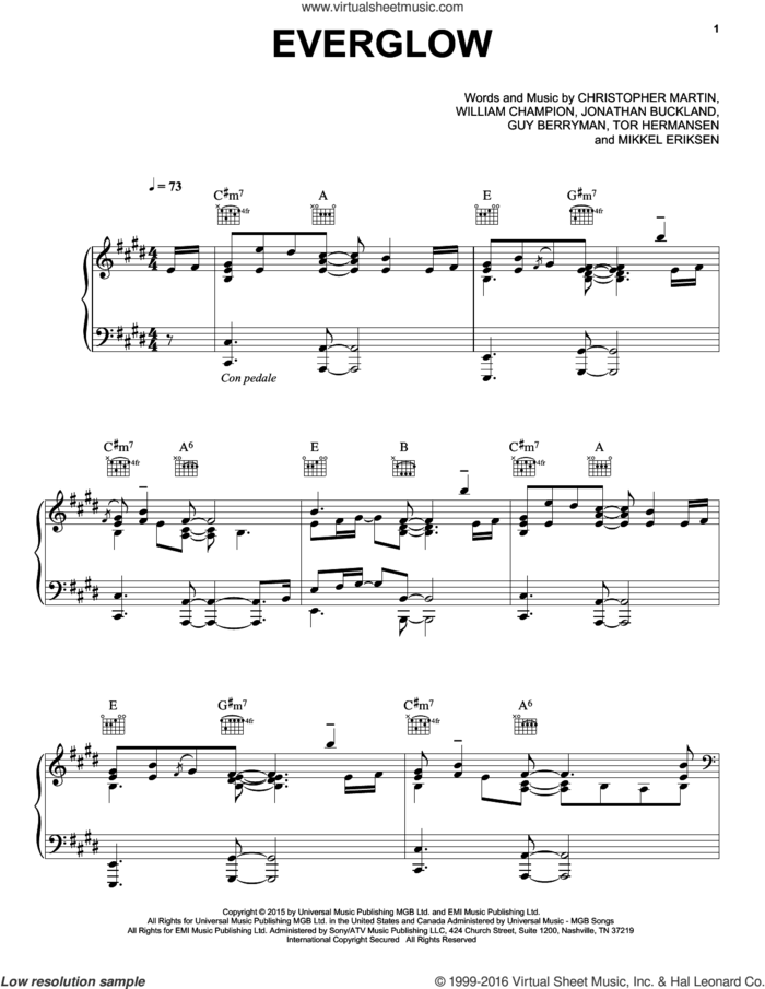Everglow sheet music for voice, piano or guitar by Guy Berryman, Coldplay, Christopher Martin, Jonathan Buckland, Mikkel Eriksen, Tor Erik Hermansen and William Champion, intermediate skill level