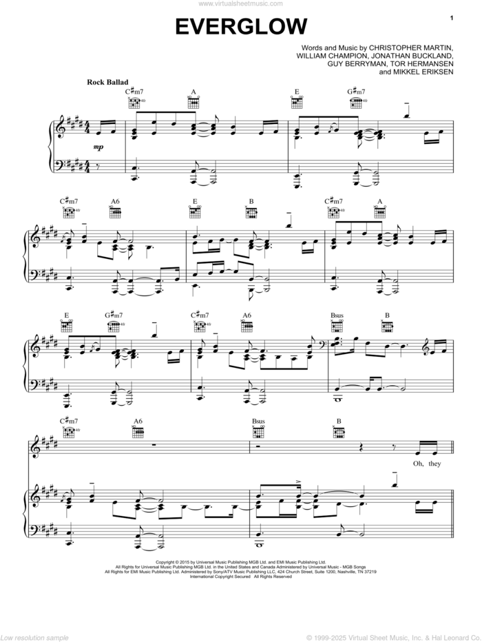 Everglow sheet music for voice, piano or guitar by Guy Berryman, Coldplay, Christopher Martin, Jonathan Buckland, Mikkel Eriksen, Tor Erik Hermansen and William Champion, intermediate skill level