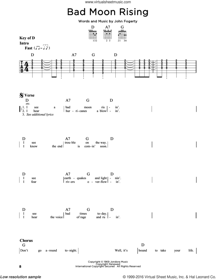 Bad Moon Rising sheet music for guitar solo (lead sheet) by Creedence Clearwater Revival and John Fogerty, intermediate guitar (lead sheet)