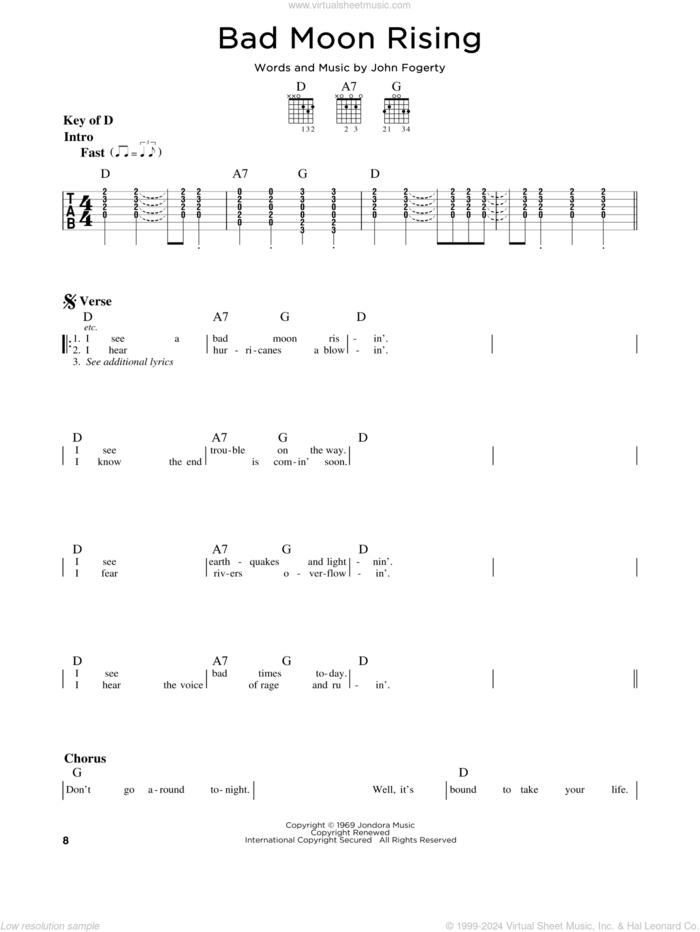 Bad Moon Rising sheet music for guitar solo (lead sheet) by Creedence Clearwater Revival and John Fogerty, intermediate guitar (lead sheet)