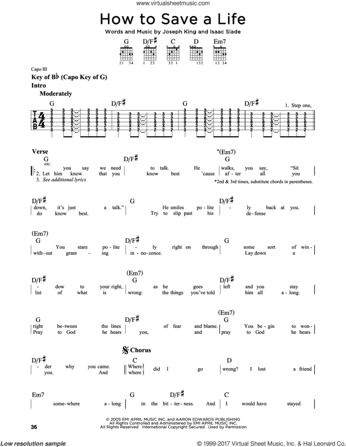 How To Save A Life sheet music for guitar solo (lead sheet) by The Fray, Isaac Slade and Joseph King, intermediate guitar (lead sheet)