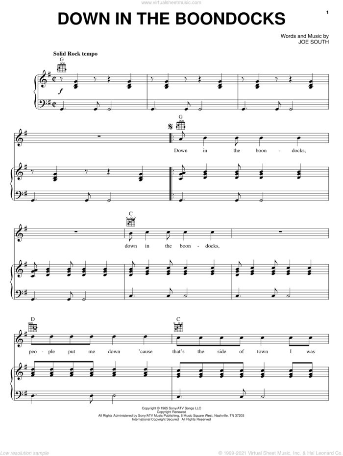 Down In The Boondocks sheet music for voice, piano or guitar by Billy Joe Royal and Joe South, intermediate skill level