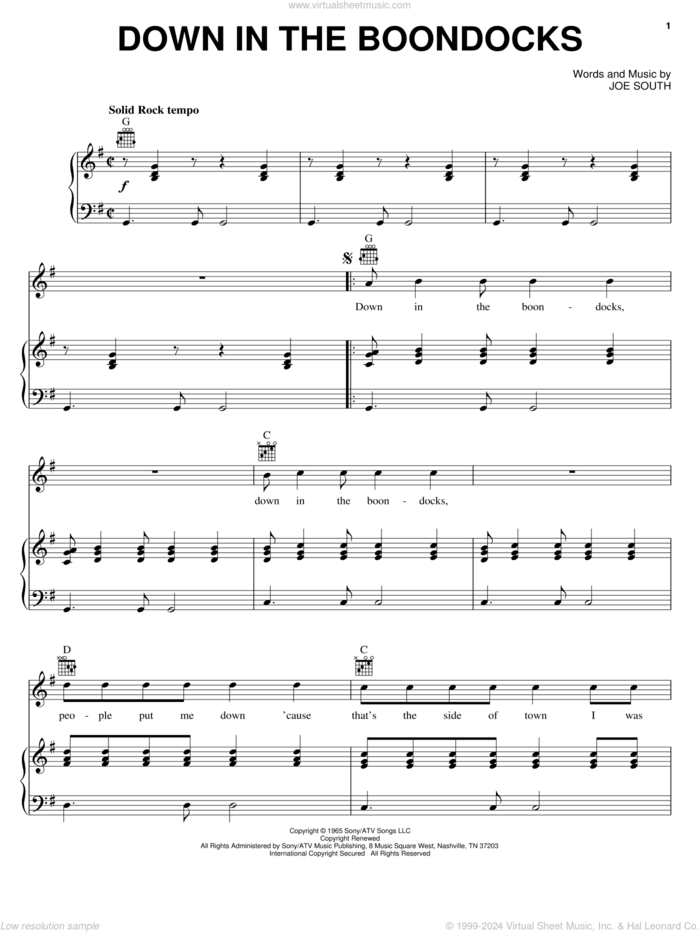 Down In The Boondocks sheet music for voice, piano or guitar by Billy Joe Royal and Joe South, intermediate skill level