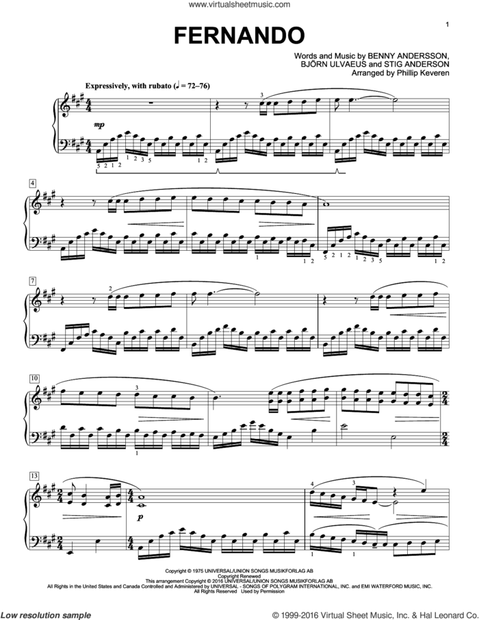 Fernando (arr. Phillip Keveren) sheet music for piano solo by Benny Andersson, Phillip Keveren, ABBA, Bjorn Ulvaeus and Stig Anderson, intermediate skill level