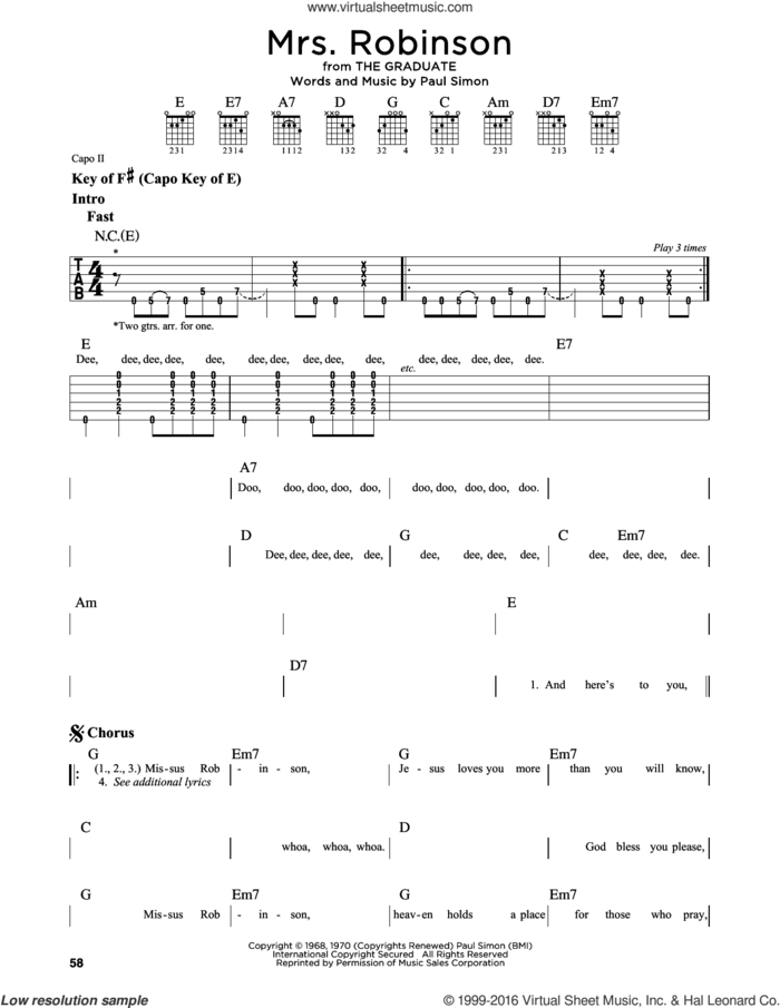 Mrs. Robinson sheet music for guitar solo (lead sheet) by Simon & Garfunkel and Paul Simon, intermediate guitar (lead sheet)