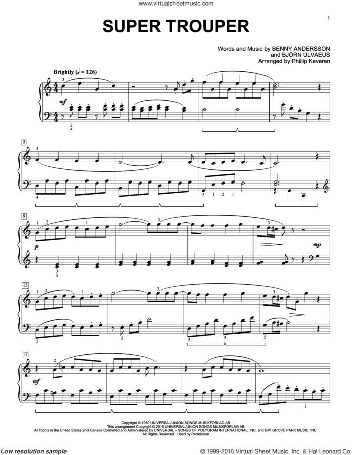 Super Trouper (arr. Phillip Keveren) sheet music for piano solo by Benny Andersson, Phillip Keveren, ABBA and Bjorn Ulvaeus, intermediate skill level