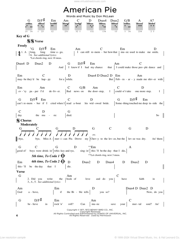 American Pie sheet music for guitar solo (lead sheet) by Don McLean, intermediate guitar (lead sheet)