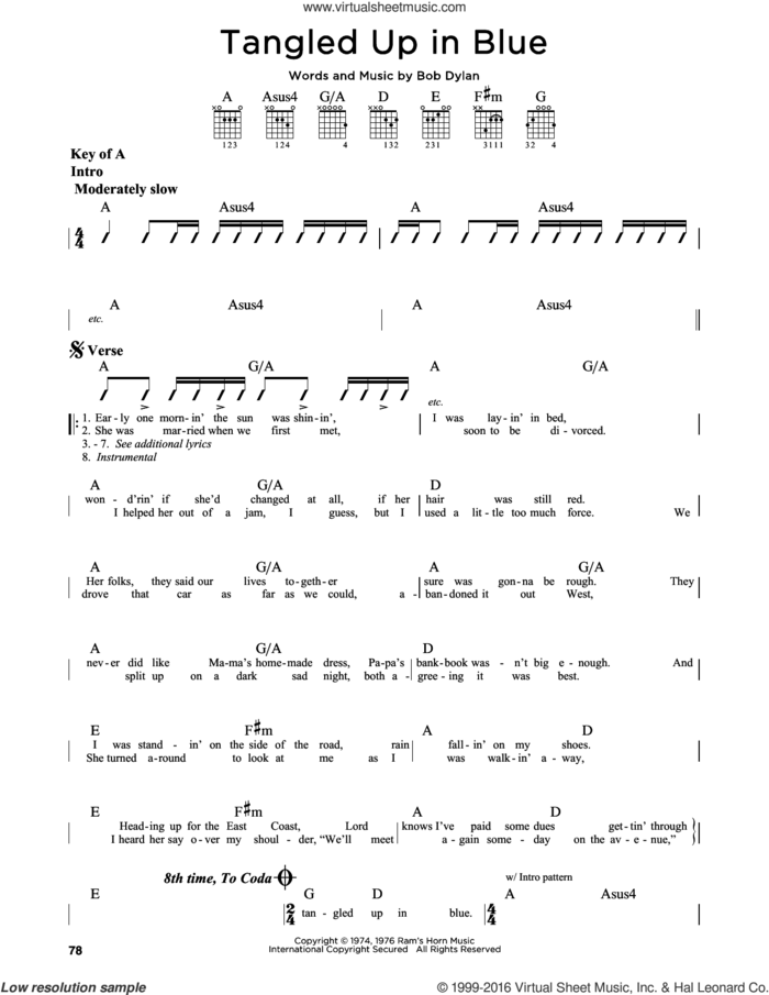 Tangled Up In Blue sheet music for guitar solo (lead sheet) by Bob Dylan, intermediate guitar (lead sheet)