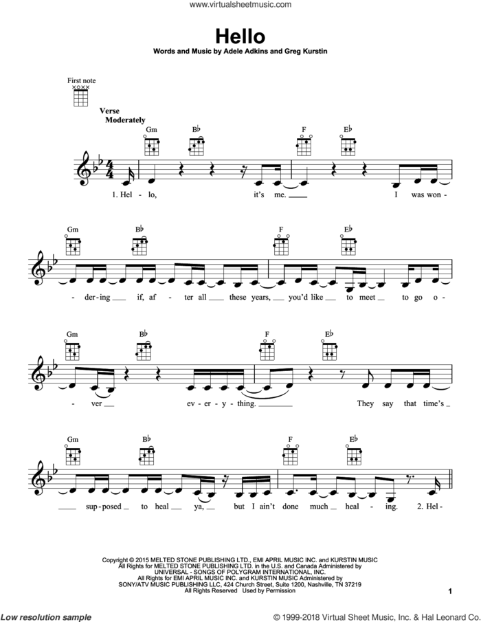 Hello sheet music for ukulele by Adele, Adele Adkins and Greg Kurstin, intermediate skill level