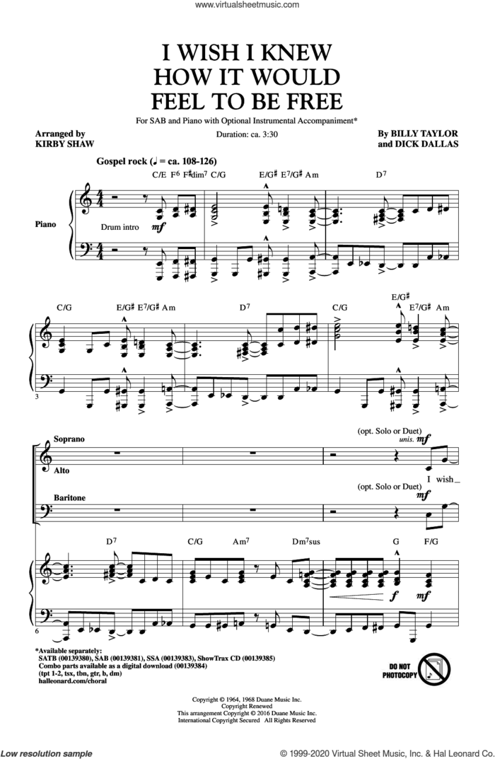 I Wish I Knew How It Would Feel To Be Free sheet music for choir (SAB: soprano, alto, bass) by Billy Taylor, Kirby Shaw and Dick Dallas, intermediate skill level