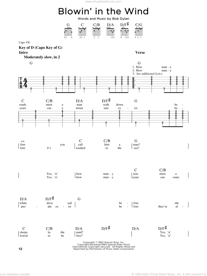 Blowin' In The Wind sheet music for guitar solo (lead sheet) by Bob Dylan, Peter, Paul & Mary and Stevie Wonder, intermediate guitar (lead sheet)