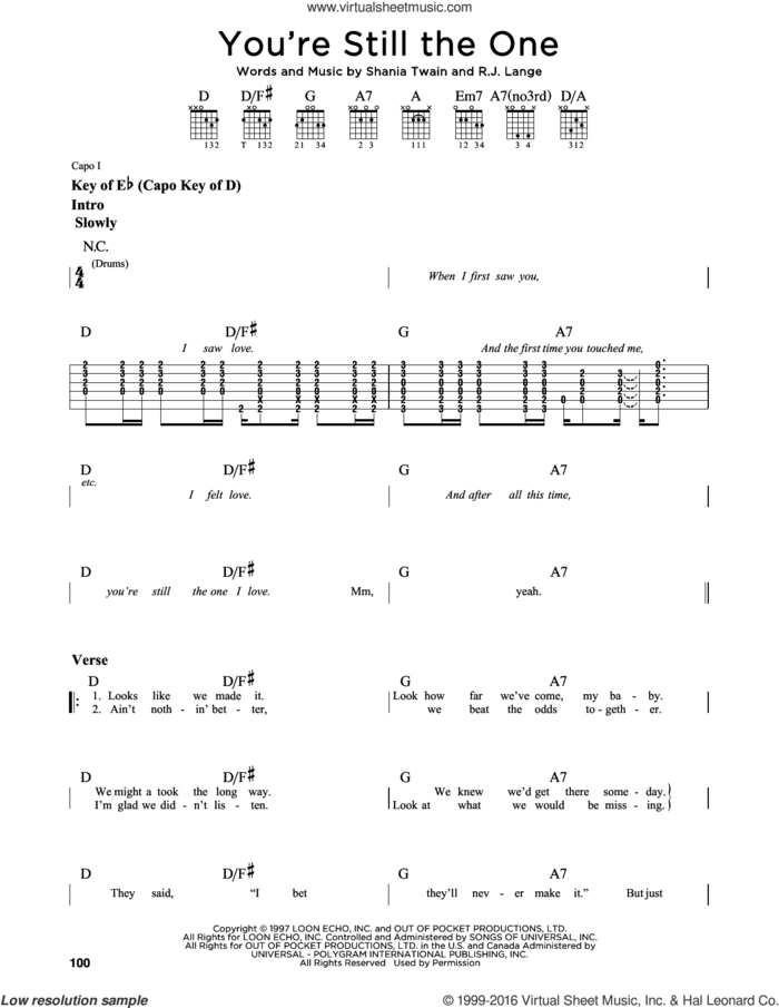 You're Still The One sheet music for guitar solo (lead sheet) by Shania Twain and Robert John Lange, intermediate guitar (lead sheet)