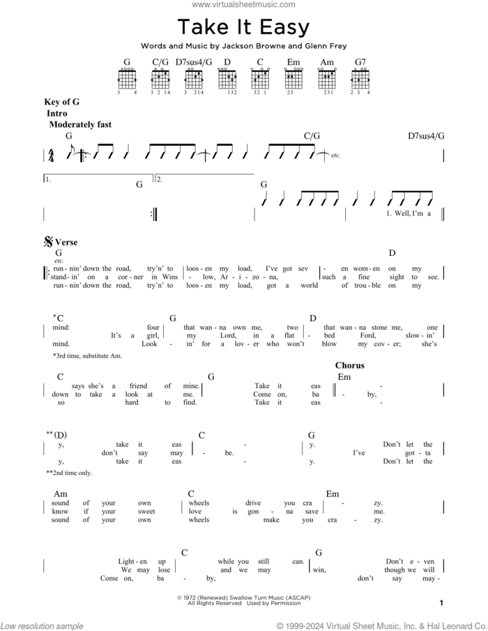Take It Easy sheet music for guitar solo (lead sheet) by Glenn Frey, The Eagles and Jackson Browne, intermediate guitar (lead sheet)
