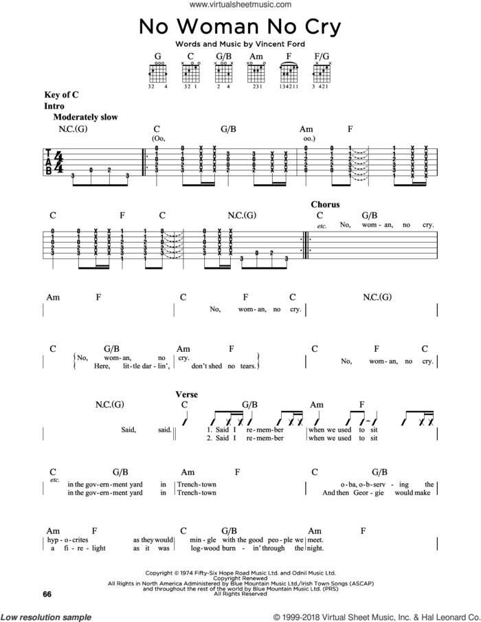 No Woman No Cry sheet music for guitar solo (lead sheet) by Bob Marley and Vincent Ford, intermediate guitar (lead sheet)