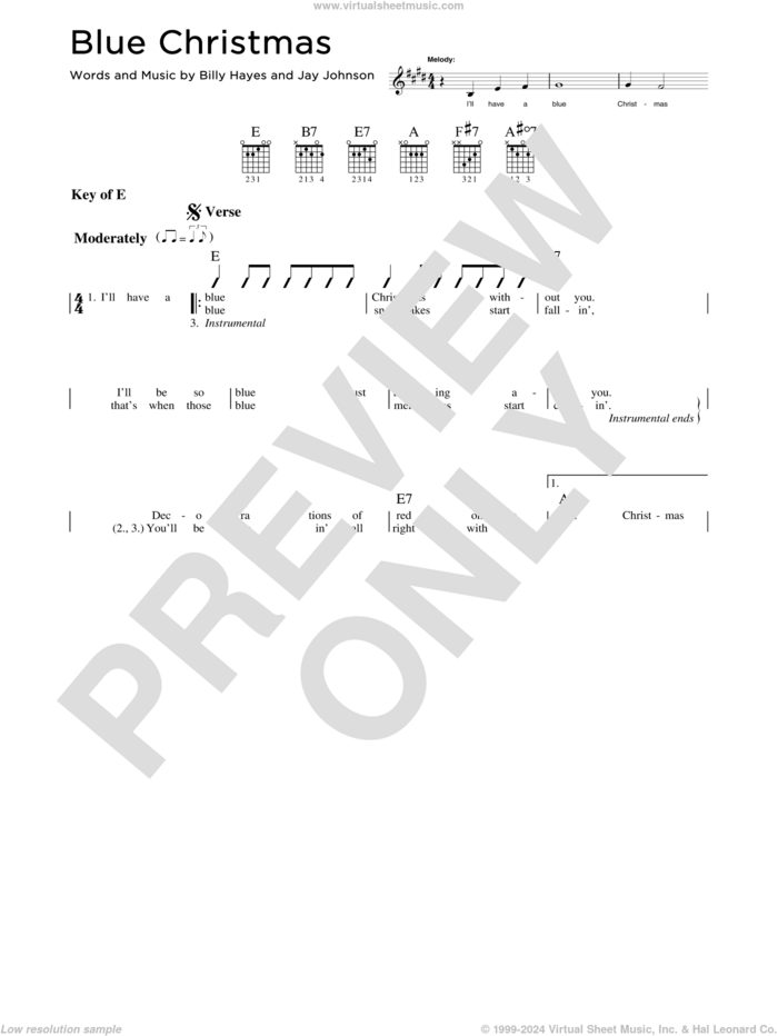 Blue Christmas sheet music for guitar solo (lead sheet) by Elvis Presley, Browns, Lady A, Lady Antebellum, Billy Hayes and Jay Johnson, intermediate guitar (lead sheet)