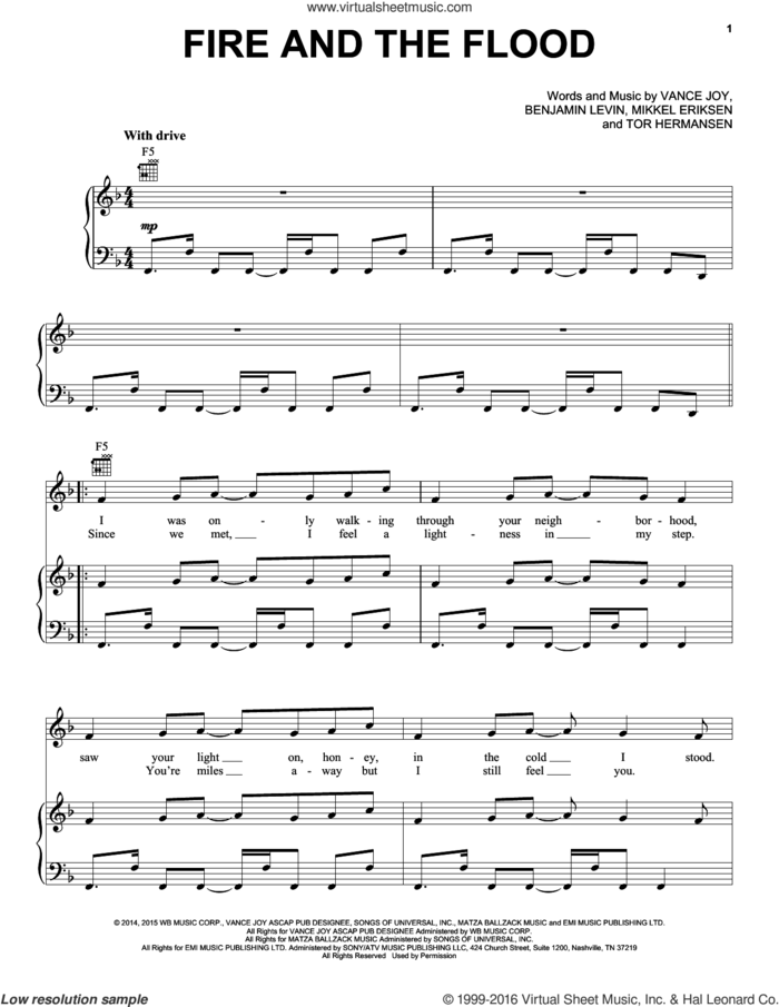Fire And The Flood sheet music for voice, piano or guitar by Vance Joy, Benjamin Levin, Mikkel Eriksen and Tor Erik Hermansen, intermediate skill level