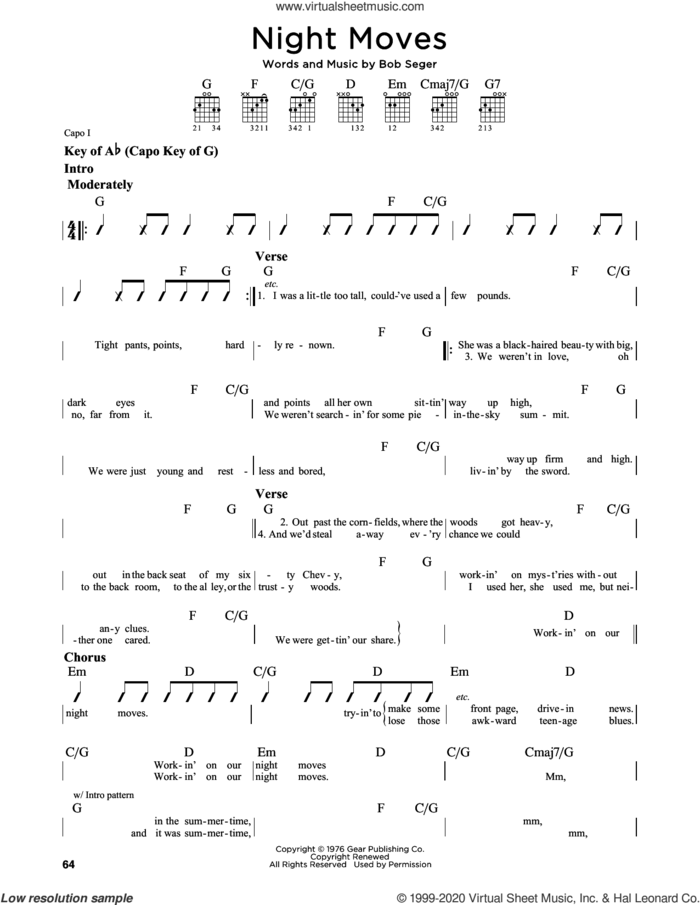 Night Moves sheet music for guitar solo (lead sheet) by Bob Seger, intermediate guitar (lead sheet)