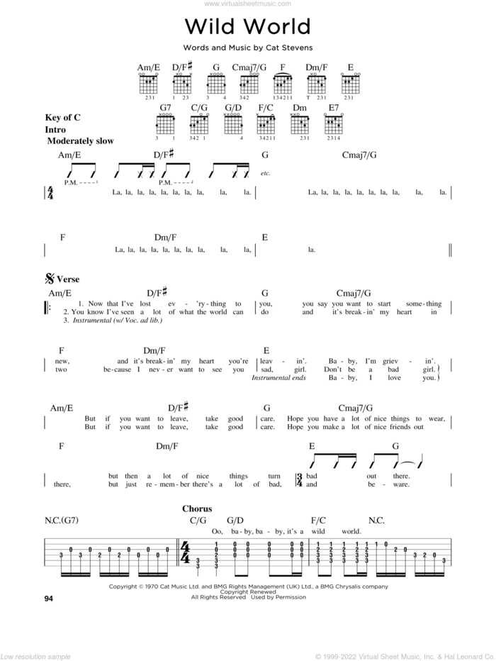 Wild World sheet music for guitar solo (lead sheet) by Cat Stevens, Maxi Priest and Yusuf Islam, intermediate guitar (lead sheet)