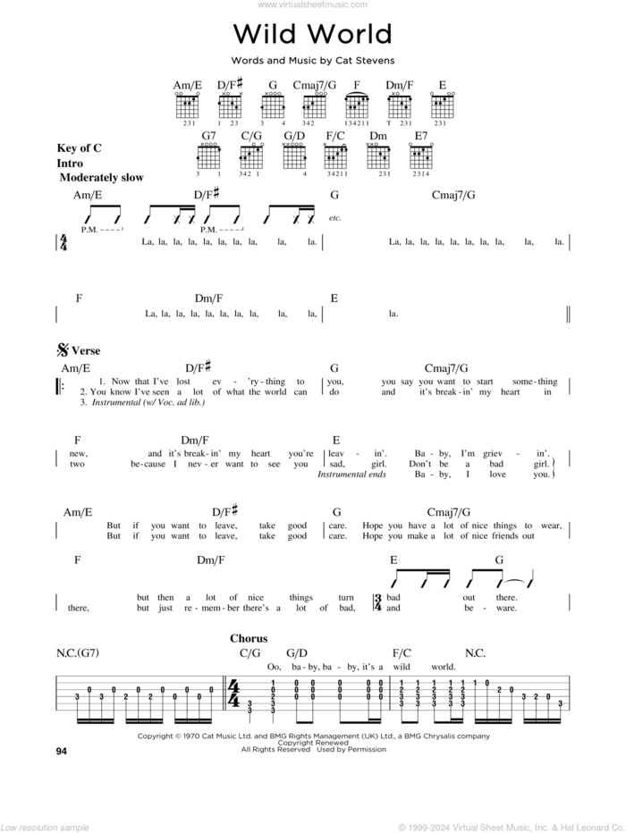 Wild World sheet music for guitar solo (lead sheet) by Cat Stevens, Maxi Priest and Yusuf Islam, intermediate guitar (lead sheet)