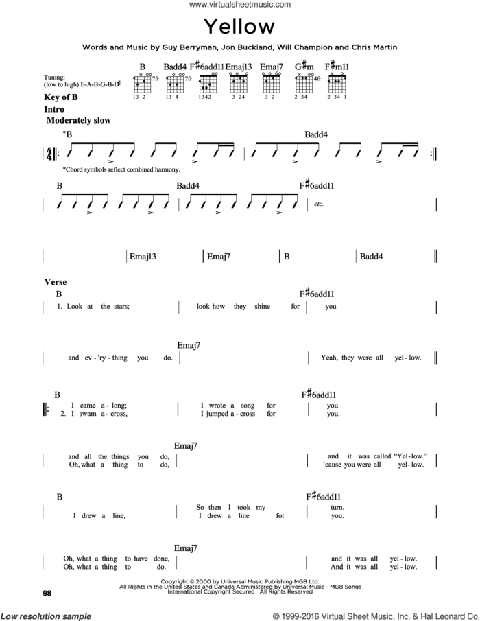 Yellow sheet music for guitar solo (lead sheet) by Coldplay, Chris Martin, Guy Berryman, Jon Buckland and Will Champion, intermediate guitar (lead sheet)