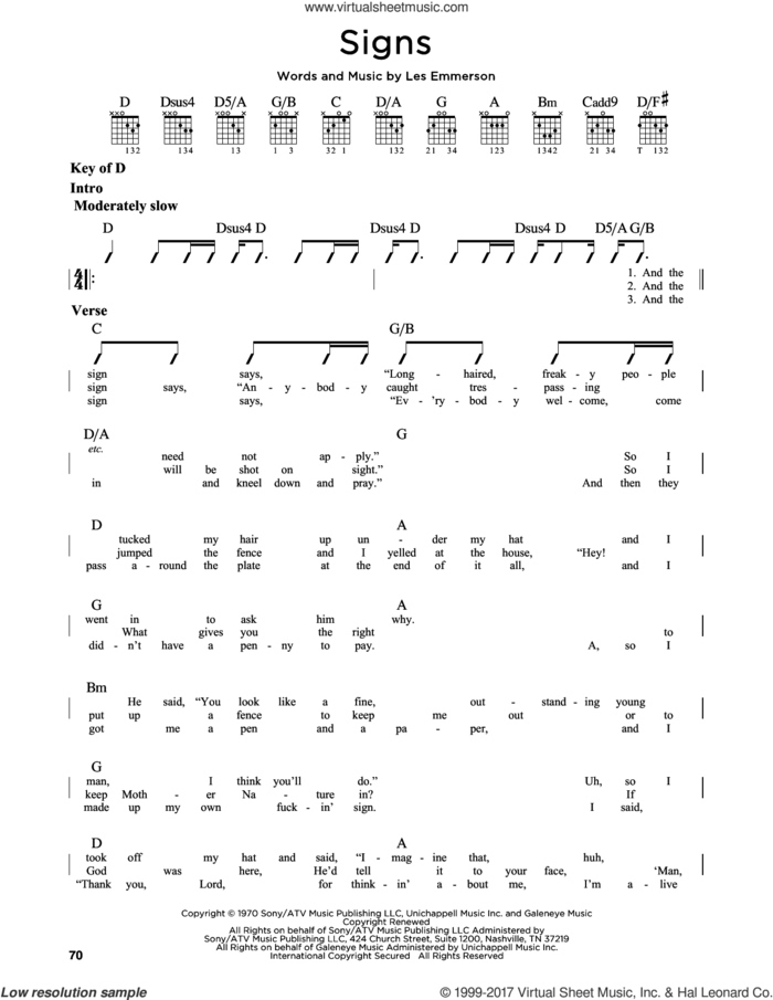 Signs sheet music for guitar solo (lead sheet) by Five Man Electrical Band, Tesla and Les Emmerson, intermediate guitar (lead sheet)
