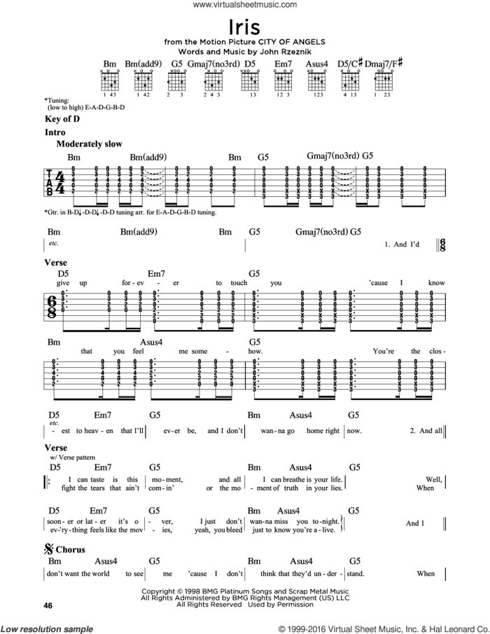 Iris sheet music for guitar solo (lead sheet) by Goo Goo Dolls and John Rzeznik, intermediate guitar (lead sheet)