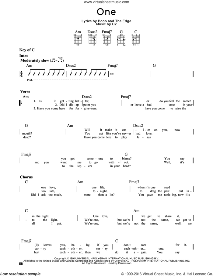 One sheet music for guitar solo (lead sheet) by U2, Adam Lambert, Johnny Cash, Mary J. Blige, Bono and The Edge, intermediate guitar (lead sheet)