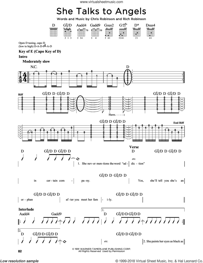 She Talks To Angels sheet music for guitar solo (lead sheet) by The Black Crowes, Chris Robinson and Rich Robinson, intermediate guitar (lead sheet)