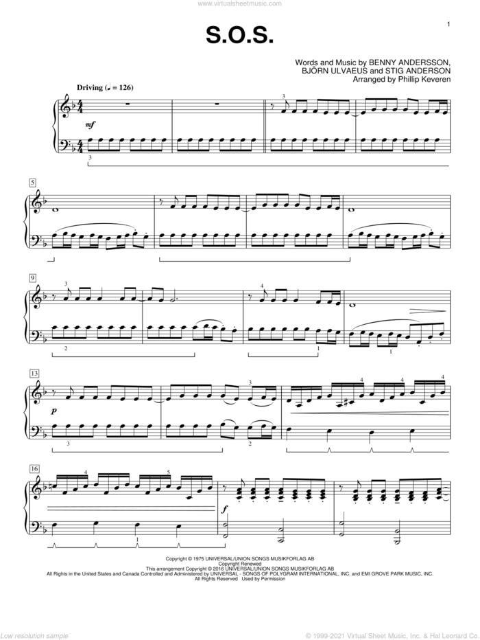 S.O.S. (arr. Phillip Keveren) sheet music for piano solo by Benny Andersson, Phillip Keveren, ABBA, Bjorn Ulvaeus and Stig Anderson, intermediate skill level