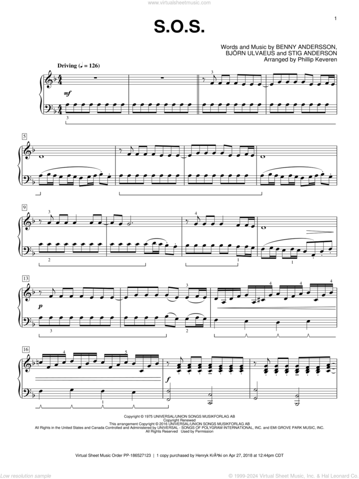 S.O.S. (arr. Phillip Keveren) sheet music for piano solo by Benny Andersson, Phillip Keveren, ABBA, Bjorn Ulvaeus and Stig Anderson, intermediate skill level