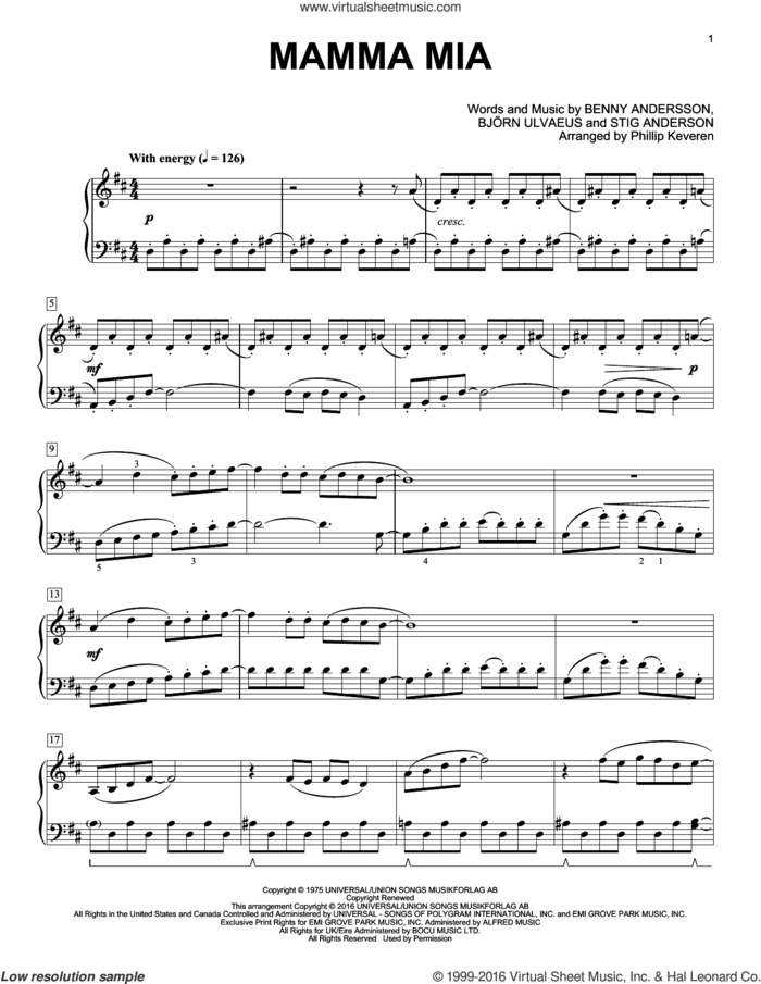Mamma Mia (arr. Phillip Keveren) sheet music for piano solo by Benny Andersson, Phillip Keveren, ABBA, Meryl Streep, Bjorn Ulvaeus and Stig Anderson, intermediate skill level
