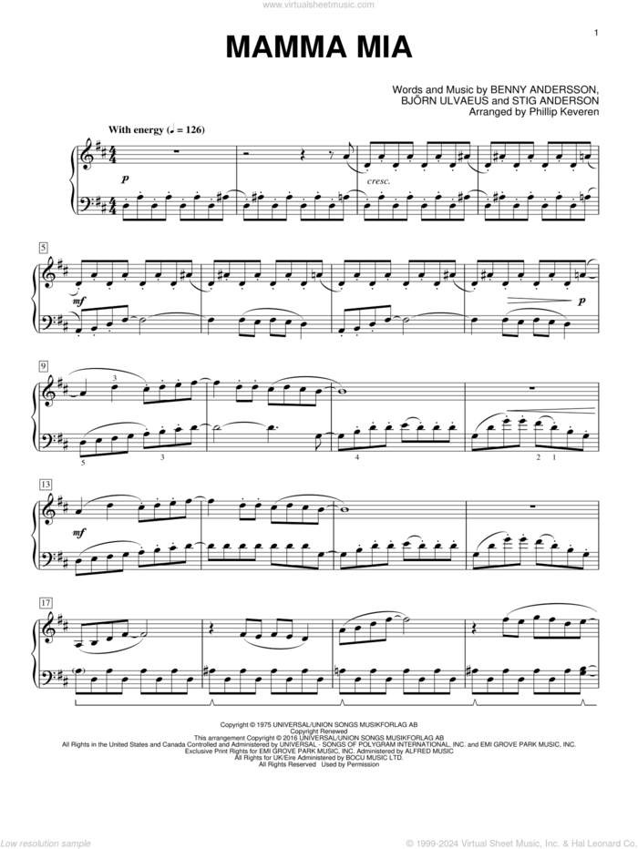 Mamma Mia (arr. Phillip Keveren) sheet music for piano solo by Benny Andersson, Phillip Keveren, ABBA, Meryl Streep, Bjorn Ulvaeus and Stig Anderson, intermediate skill level