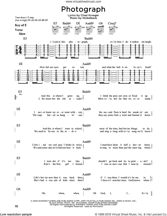 Photograph sheet music for guitar solo (lead sheet) by Nickelback and Chad Kroeger, intermediate guitar (lead sheet)