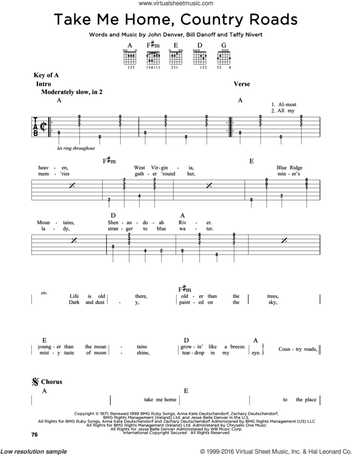 Take Me Home, Country Roads sheet music for guitar solo (lead sheet) by John Denver, Bill Danoff and Taffy Nivert, intermediate guitar (lead sheet)