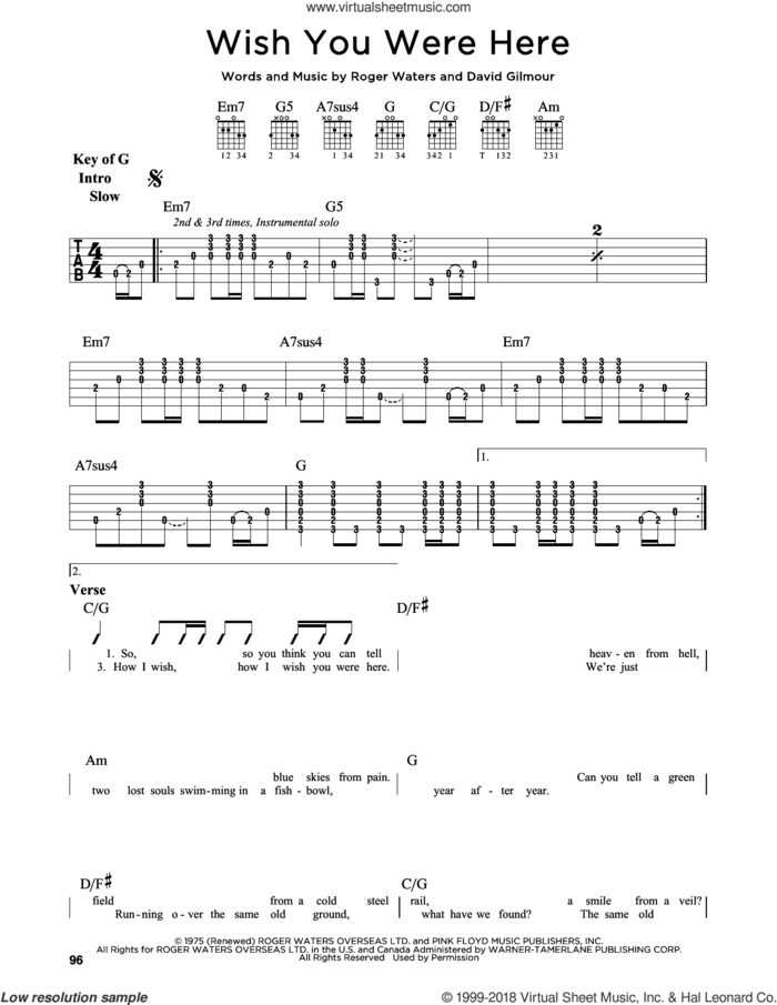Wish You Were Here sheet music for guitar solo (lead sheet) by Pink Floyd, David Gilmour and Roger Waters, intermediate guitar (lead sheet)
