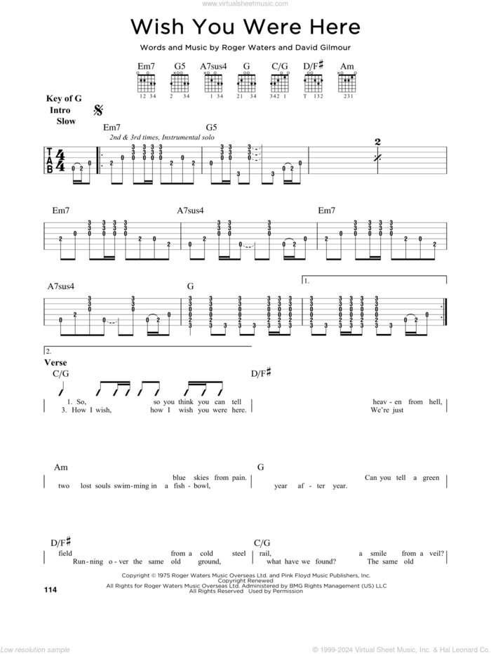 Wish You Were Here sheet music for guitar solo (lead sheet) by Pink Floyd, David Gilmour and Roger Waters, intermediate guitar (lead sheet)