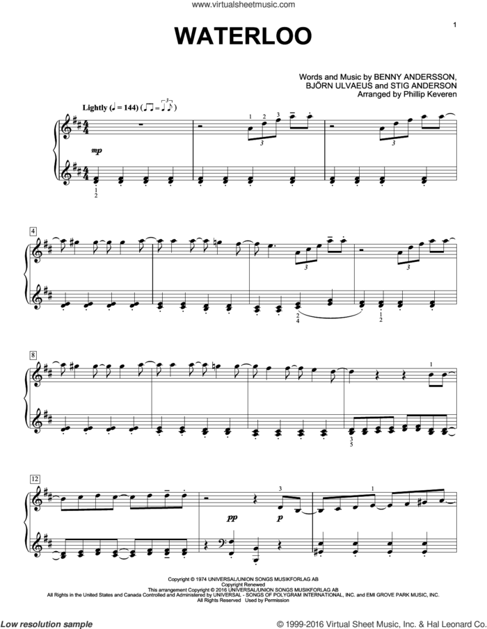 Waterloo (arr. Phillip Keveren) sheet music for piano solo by Benny Andersson, Phillip Keveren, ABBA, Bjorn Ulvaeus and Stig Anderson, intermediate skill level