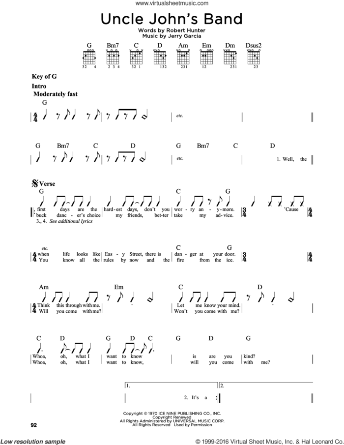 Uncle John's Band sheet music for guitar solo (lead sheet) by Grateful Dead, Jerry Garcia and Robert Hunter, intermediate guitar (lead sheet)